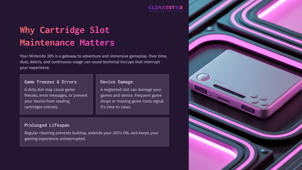 A Nintendo 3Ds Console Sits Against A Vibrant Purple And Pink Background, Highlighting The Cartridge Slot And Surrounding Text.