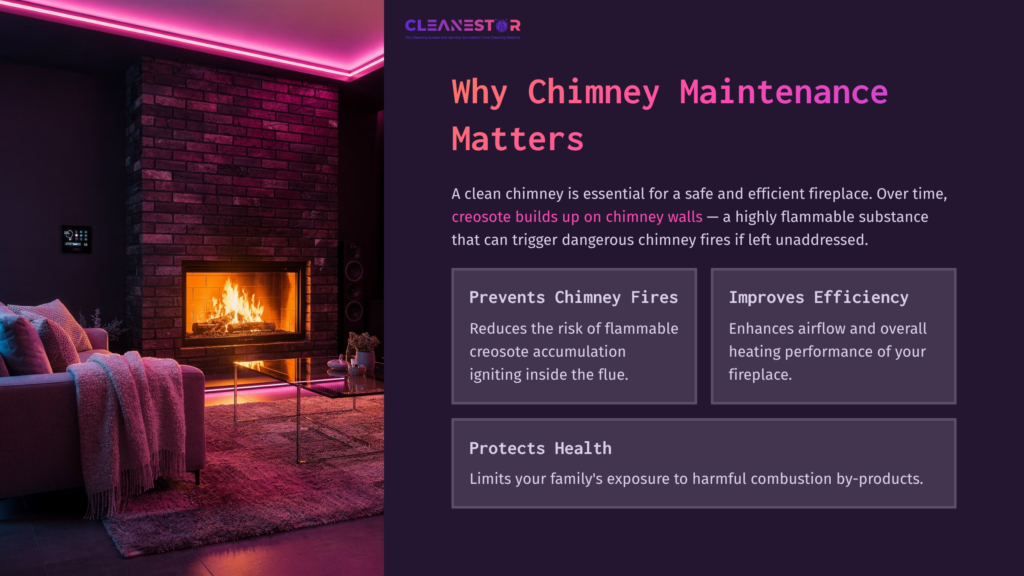 2 Why Chimney Maintenance Matters Cozy Living Room With A Glowing Fireplace, Purple Lit Walls, And Informational Text About Chimney Maintenance Benefits.