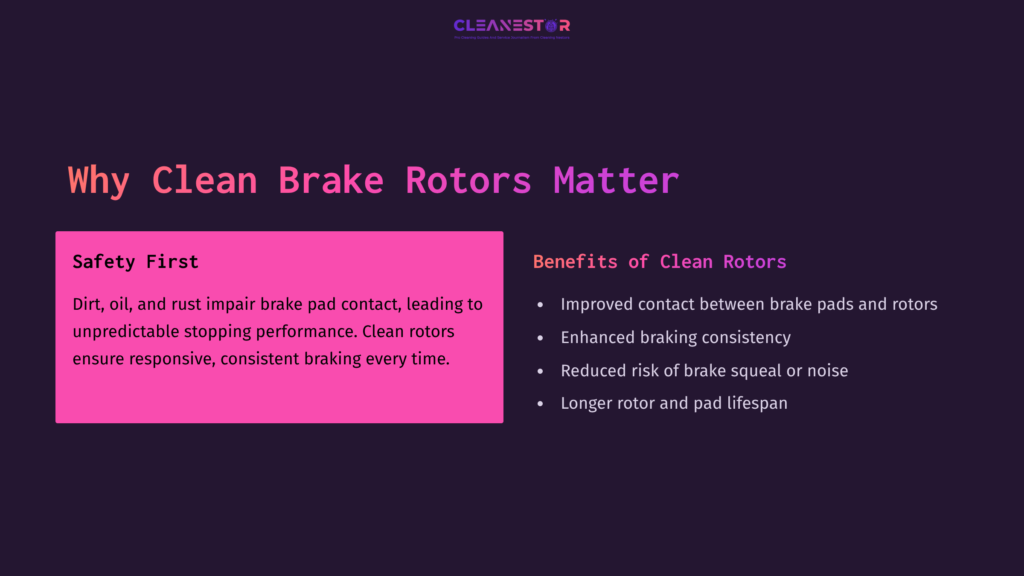 Text On A Dark Purple Background Emphasizing The Importance Of Clean Brake Rotors, Highlighting Safety And Benefits In Pink And White.