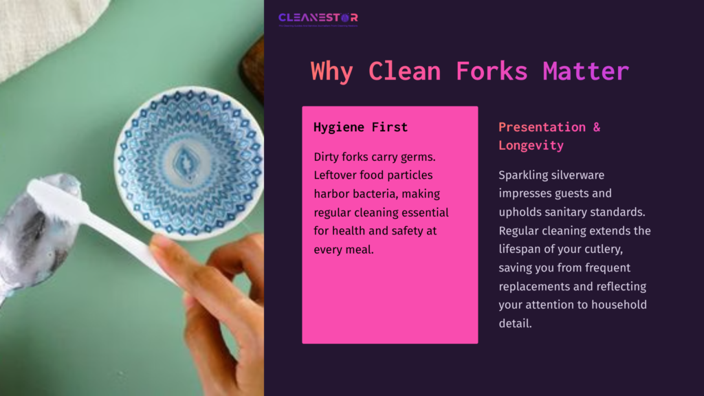 A Hand Holding A Spoon Over A Blue And White Patterned Bowl, With Vibrant Text Highlighting The Importance Of Cleaning Forks.