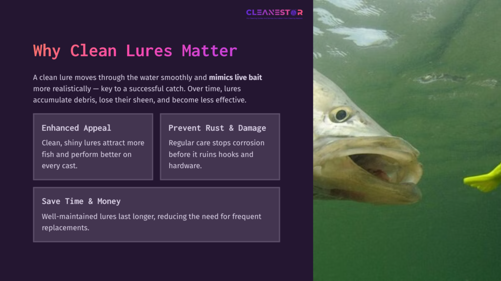 A Close-Up Of A Fish Swimming Near A Bright Yellow Fishing Lure. Text Boxes On The Left Highlight Benefits Of Cleaning Lures.