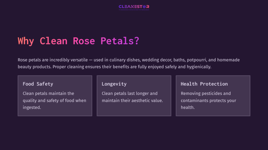 2 Why Clean Rose Petals Text On A Purple Background Highlights The Benefits Of Cleaning Rose Petals, Including Food Safety, Longevity, And Health Protection.