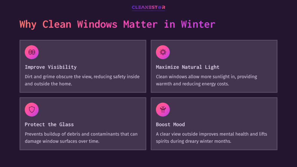Four Pink-Highlighted Boxes On A Dark Background Outline Reasons To Clean Windows In Winter: Visibility, Natural Light, Glass Protection, And Mood Enhancement.
