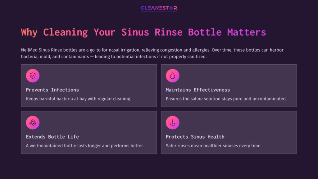 Highlighted Text On A Purple Background Discusses The Importance Of Cleaning Neilmed Sinus Rinse Bottles For Health And Effectiveness.