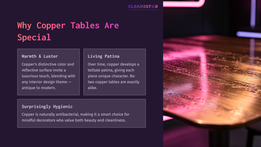 Close-Up Of A Polished Copper Table Showing A Warm, Reflective Surface With A Vibrant Patina, Set Against A Modern, Colorful Background.