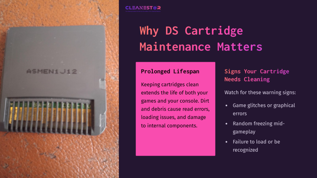 Close-Up Of A Gray Ds Cartridge With Gold Connectors, Placed On A Textured Orange Surface, Alongside Text On Maintenance Tips.