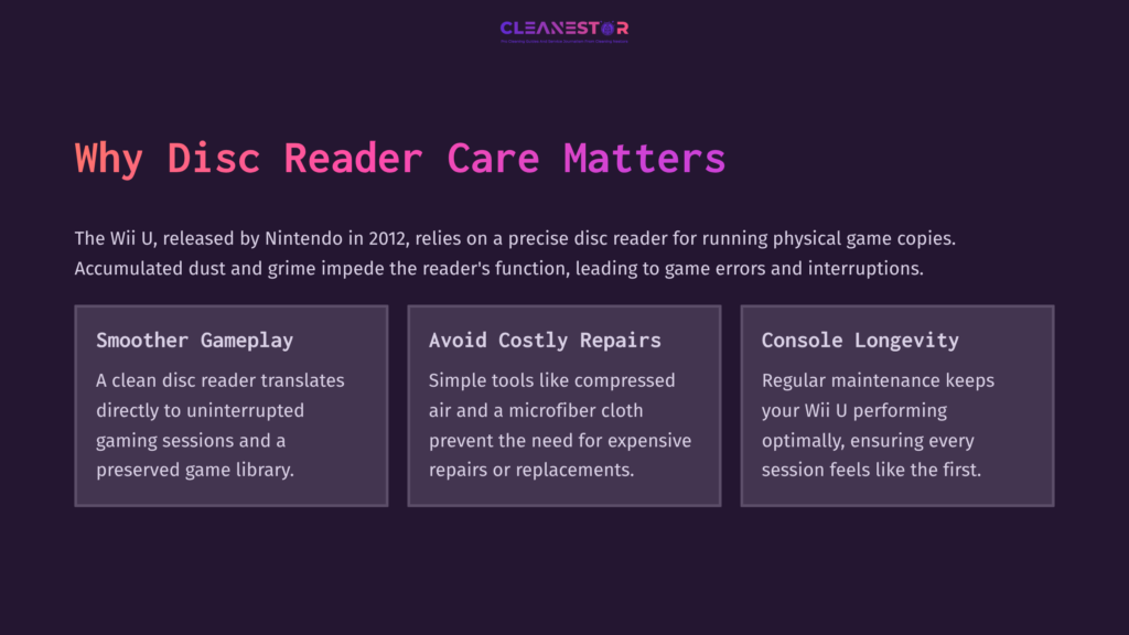 2 Why Disc Reader Care Matters Graphic With A Purple Background Displaying Three Key Points On Disc Reader Care, Featuring White And Pink Text For Visibility And Emphasis.