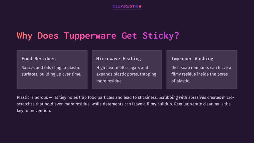 Three Sections Explaining Why Tupperware Gets Sticky: Food Residues, Microwave Heating, And Improper Washing, With Bullet Points, On A Dark Background.