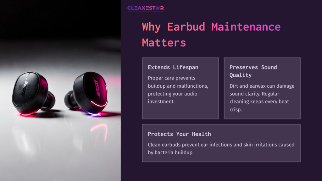 Bose Earbuds On A Reflective Surface With A Dark Background; Text Blocks Detailing Earbud Maintenance Benefits In Contrasting Colors.