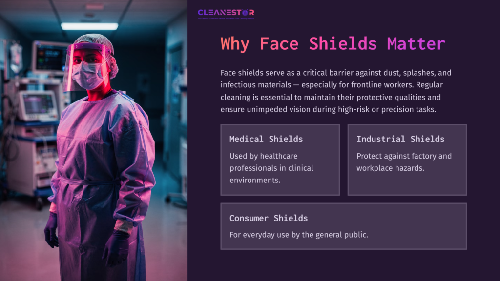 A Healthcare Worker In A Face Shield And Protective Gown Stands In A Clinical Setting, Emphasizing The Importance Of Face Shields.