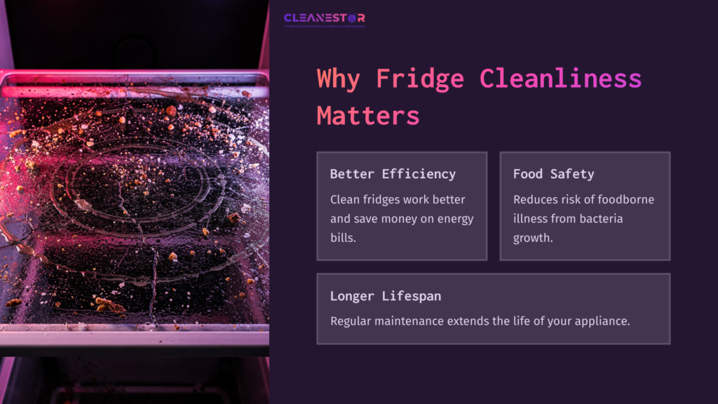 A Dirty Fridge Glass Interior Is Highlighted With Pink And Purple Lighting, Accompanied By Text Boxes On Fridge Cleanliness Benefits.