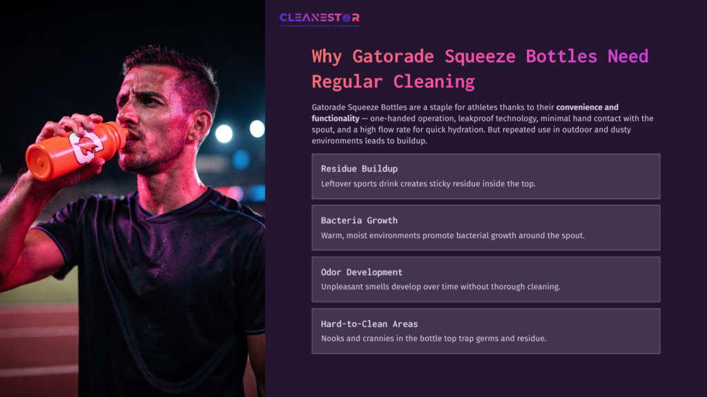 A Man In A Dark Athletic Shirt Stands In A Lit Outdoor Setting, Holding A Gatorade Squeeze Bottle, Highlighting The Importance Of Cleaning.