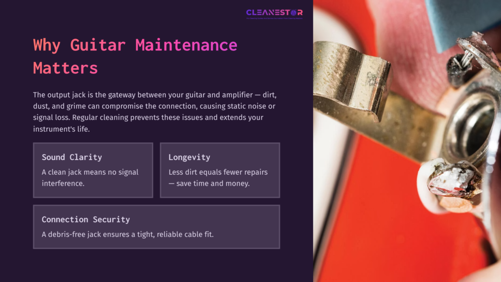 Close-Up Of A Guitar Output Jack With A Metal Connector, Displayed Against A Red Background, Highlighting Maintenance Importance With Text.