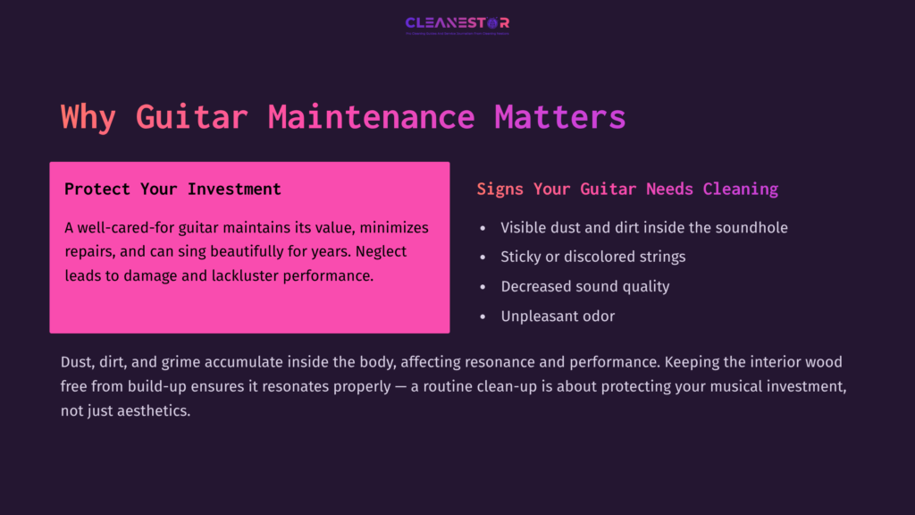 Text On A Dark Purple Background Highlights Guitar Maintenance, Emphasizing Cleaning, Sound Quality, And Performance Importance.