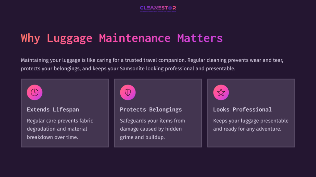 Graphic With A Dark Background Featuring Three Sections Highlighting Luggage Maintenance Benefits: Lifespan Extension, Protection, And Professionalism, With Colorful Icons.