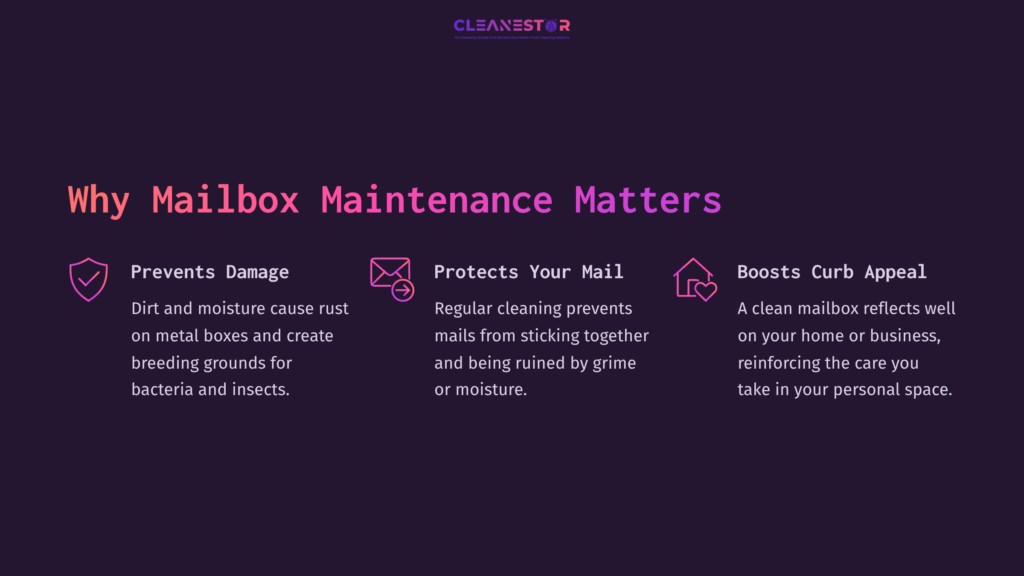 Dark Purple Background With Bold Pink Text Explaining Mailbox Maintenance Benefits, Featuring Icons For Damage Prevention, Mail Protection, And Curb Appeal.