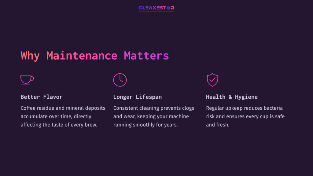 Graphic With A Dark Background Features Bold White And Pink Text Outlining Benefits Of Cleaning A Bunn Coffee Pot: Better Flavor, Longer Lifespan, And Health &Amp; Hygiene.