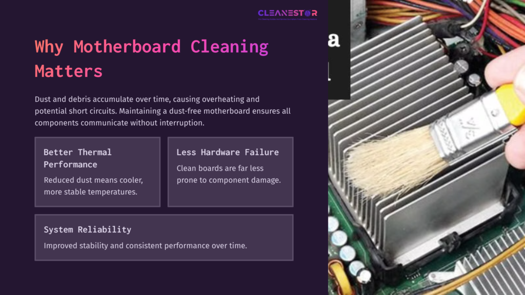 A Close-Up Of A Motherboard With A Heat Sink, Brush Cleaning Dust, Accompanied By Text Highlighting The Importance Of Motherboard Maintenance.