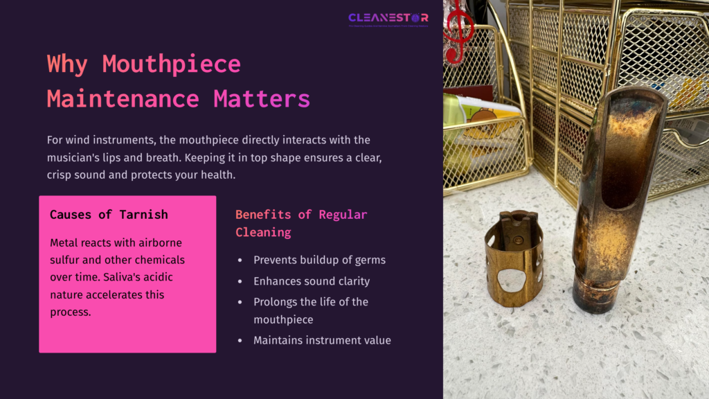 2 Why Mouthpiece Maintenance Matters A Tarnished Brass Mouthpiece On A Countertop, Alongside A Gold-Colored Container, With A Purple And White Informational Panel.