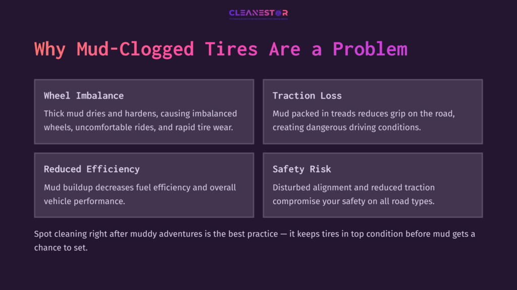 Four Boxes Describe Issues Caused By Mud-Clogged Tires, Featuring Headings In White Text On A Dark Purple Background.