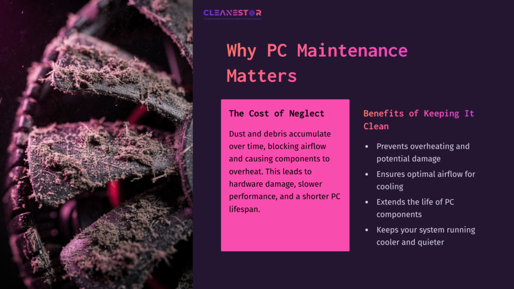 Close-Up Of Dusty Pc Fan, Highlighting The Importance Of Cleaning. Text Outlines Maintenance Benefits And The Cost Of Neglect.