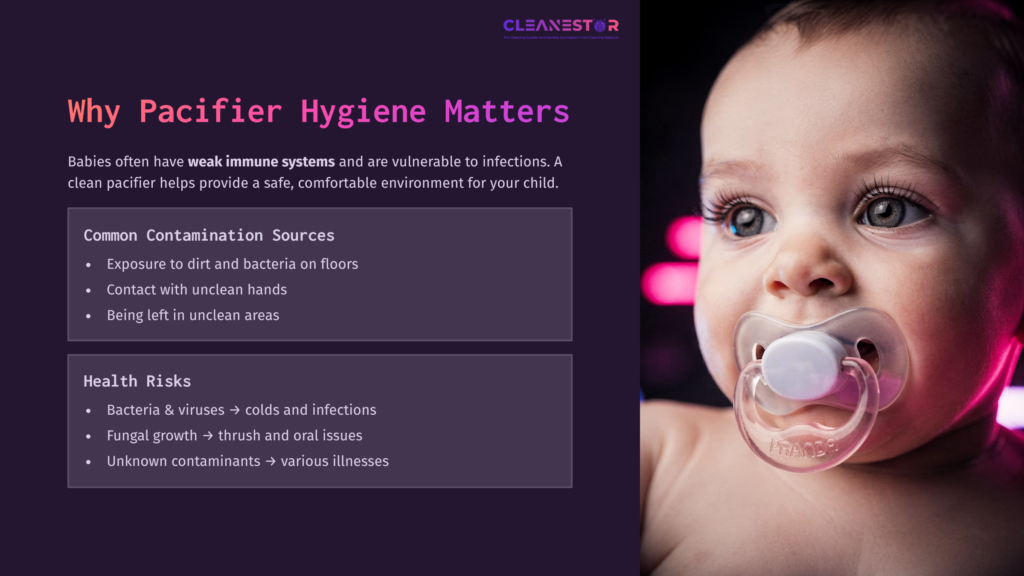 Close-Up Of A Baby With A Clear Pacifier, Highlighting Hygiene Risks. The Background Features A Pink Gradient With Text On Pacifier Cleanliness.