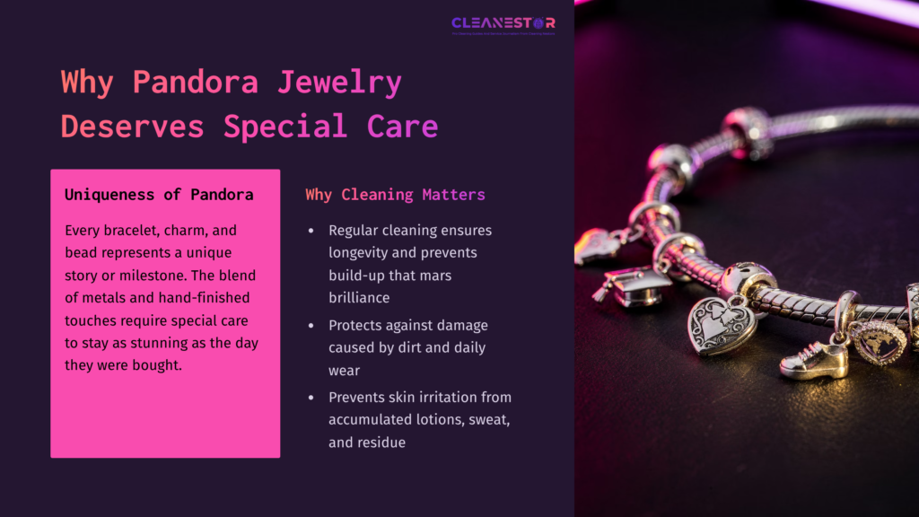 A Close-Up Of A Pandora Bracelet Featuring Charms, With A Dark Purple Background And Text Discussing Care And Cleaning Importance.