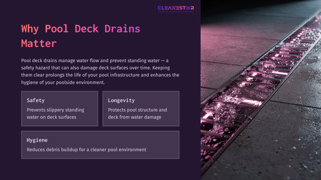 A Pool Deck Drain With Flowing Water, Set Against A Dark Background With Purple And Pink Lighting, Illustrating Cleanliness And Maintenance.