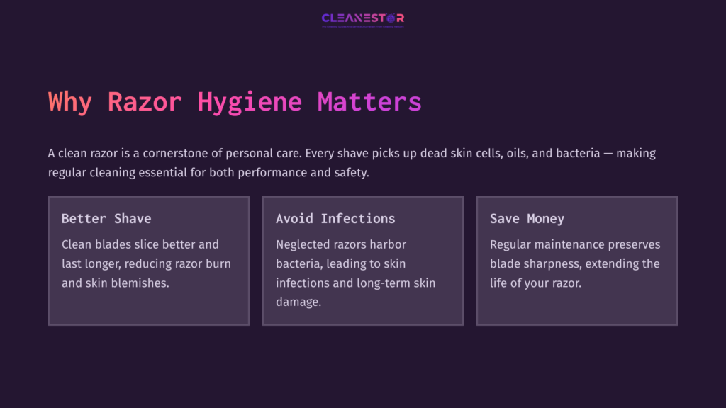 Purple Background With Three Sections Highlighting Razor Hygiene: Benefits Of Clean Razors, Avoiding Infections, And Saving Money On Maintenance.