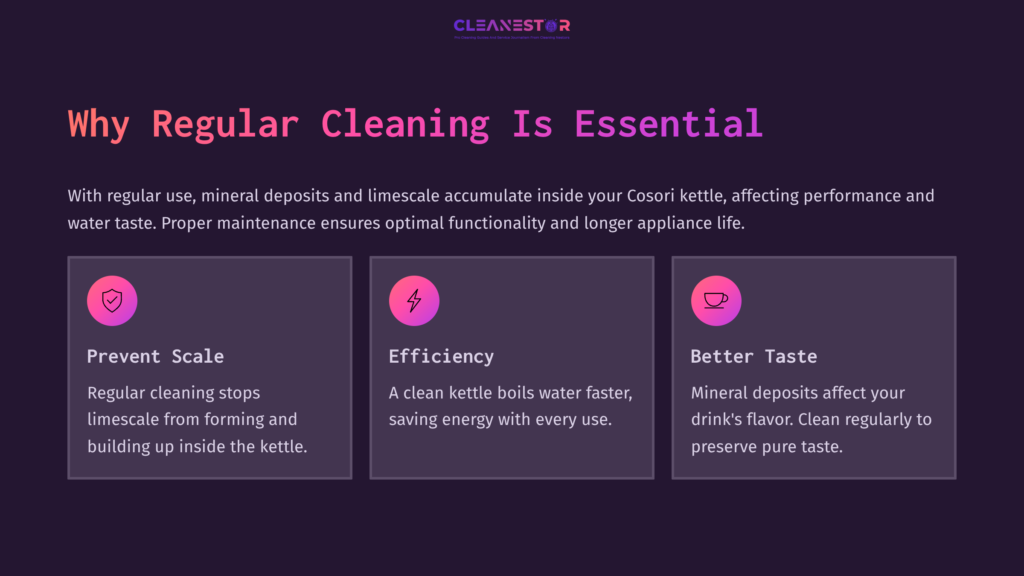 Graphic Featuring A Purple Background With A Central Section Divided Into Three Points On Cleaning Benefits: Prevent Scale, Efficiency, Better Taste, Each With Icons, Accompanied By Clear Headings And Text.