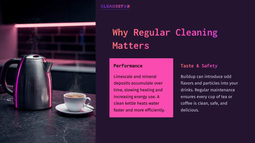 A Stainless Steel Electric Kettle Beside A White Cup Of Tea On A Dark Countertop, With Pink Lighting In The Background.