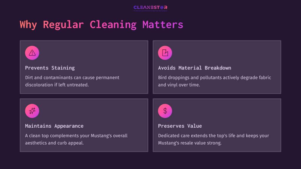 2 Why Regular Cleaning Matters Four Purple Boxes Highlight The Importance Of Regular Cleaning For A Mustang Convertible, Emphasizing Prevention, Material Care, Appearance, And Value Preservation.