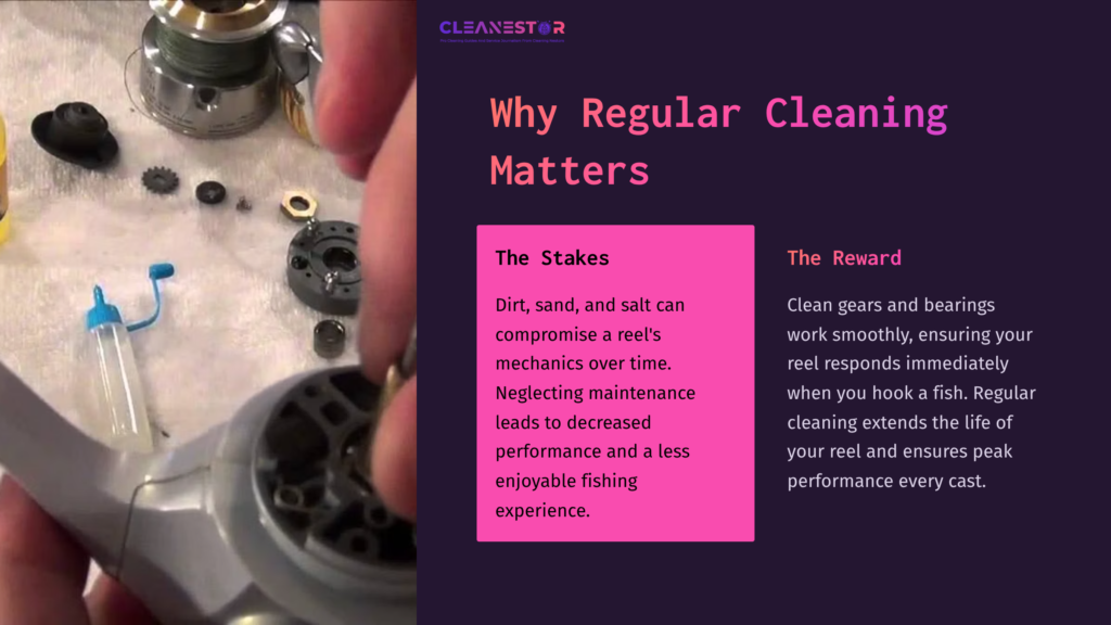 2 Why Regular Cleaning Matters 11 A Person Holding A Spinning Reel'S Inner Components, With Tools And Parts Visible On A Surface, Emphasizing Maintenance Details.