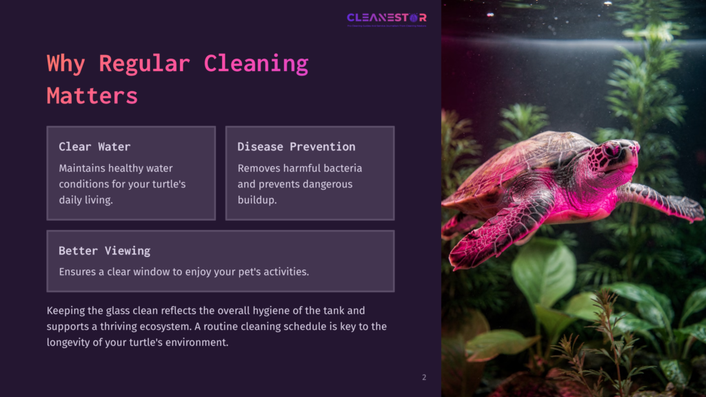 A Vibrant Turtle Swimming In A Well-Maintained Tank With Aquatic Plants; Text Highlights The Importance Of Tank Cleaning.