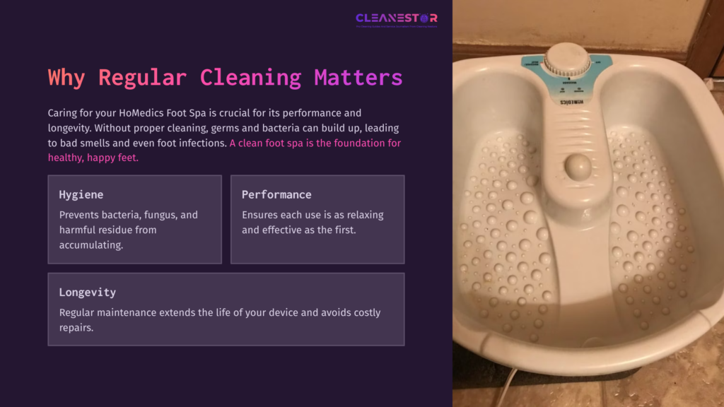 White Homedics Foot Spa Filled With Water And Bubbles, Positioned Next To Text On Hygiene, Performance, And Longevity In Purple And Black Layout.
