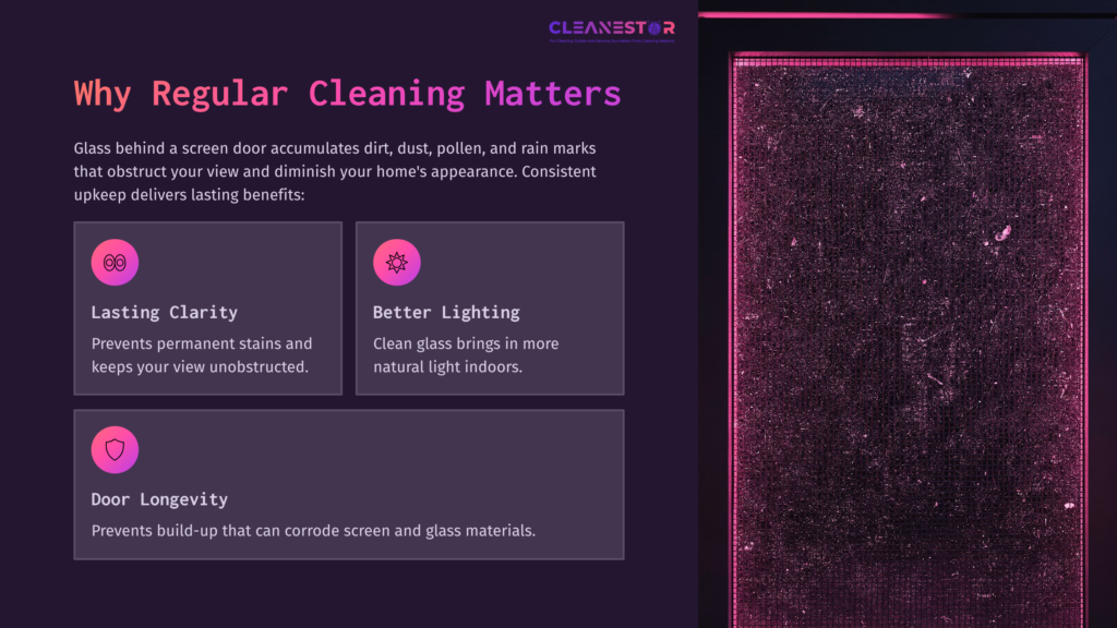 Close-Up Of A Dirty Screen Door, Highlighting Accumulated Dirt And Grime. Text Boxes Discuss Benefits Of Regular Glass Cleaning.