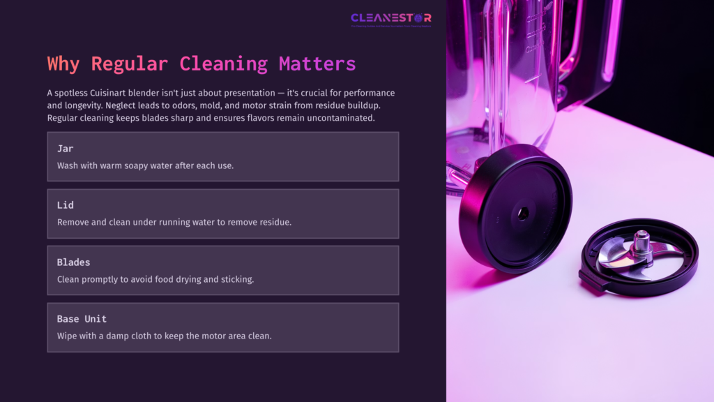 Cuisinart Blender Components On A Purple Background: Jar, Blades, Base Unit With Instructions For Cleaning And Maintenance.