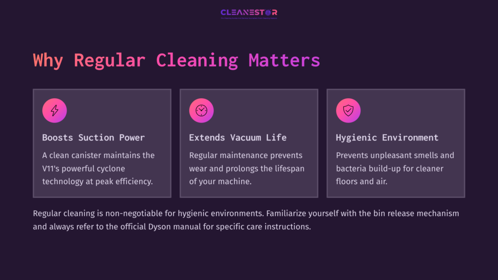 Three Pink Informational Boxes On A Dark Purple Background Highlight The Benefits Of Regular Cleaning For The Dyson V11: Boosts Suction Power, Extends Vacuum Life, And Ensures A Hygienic Environment.