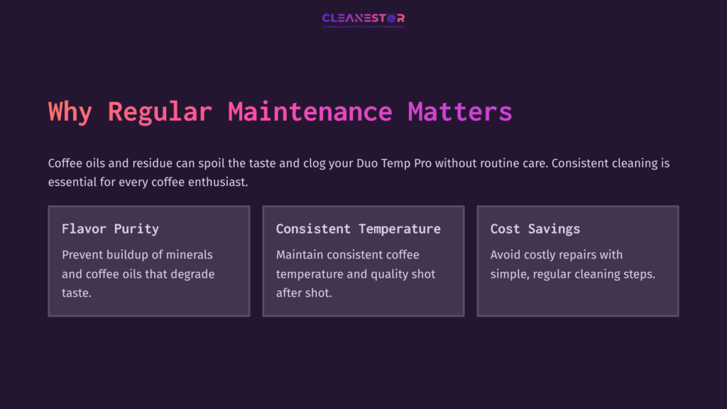 Text On A Dark Purple Background Highlights Benefits Of Regular Maintenance For The Breville Duo Temp Pro: Flavor Purity, Consistent Temperature, And Cost Savings.