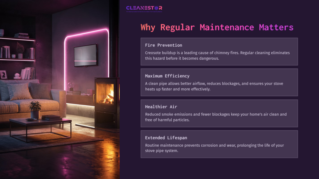 A Cozy Living Room Featuring A Modern Fireplace, Glowing Neon Lights, And A Text Block Outlining The Importance Of Regular Stove Pipe Maintenance.