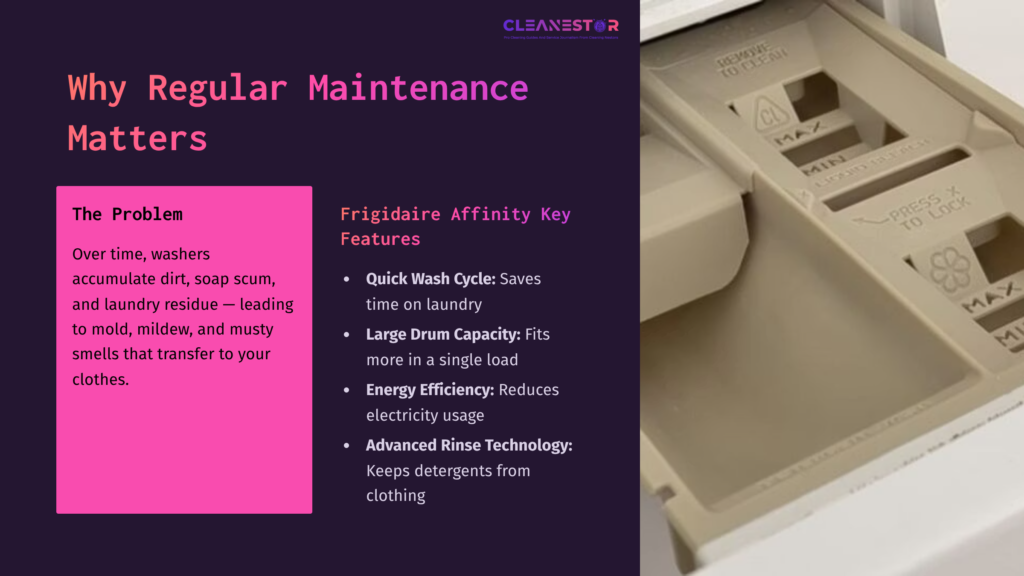 A Light-Colored Washer Detergent Drawer With Text Highlighting Regular Maintenance Benefits, Set Against A Dark Purple Background.