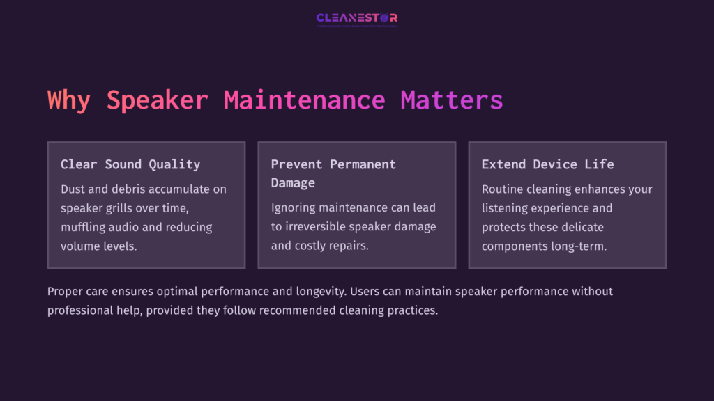 Text On A Dark Purple Background Highlights Speaker Maintenance Benefits: Sound Quality, Damage Prevention, And Device Longevity.