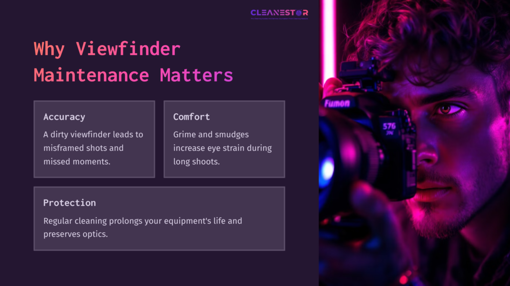 A Young Man With A Camera In A Pink And Blue Lit Setting, Next To Three Boxes Highlighting Viewfinder Maintenance Benefits.