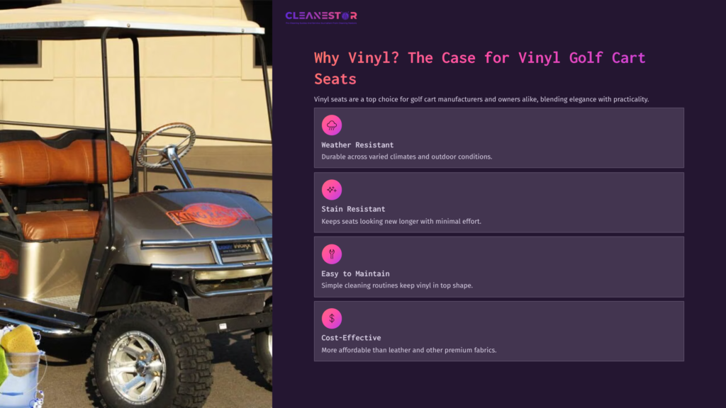 Golf Cart With Vinyl Seats Parked On A Driveway, Accompanied By Text Highlighting The Benefits Of Vinyl For Golf Cart Seats.