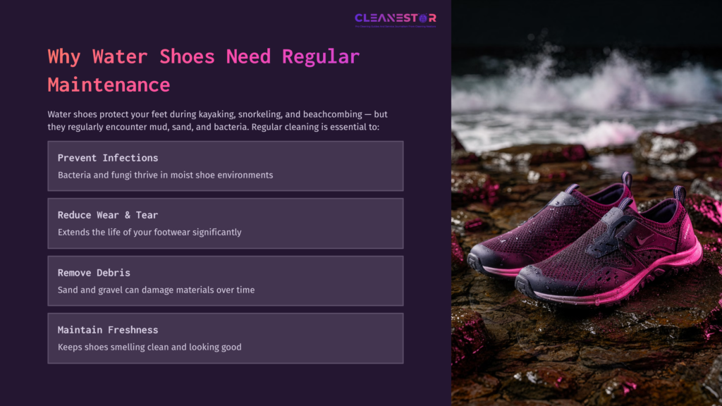 2 Why Water Shoes Need Regular Maintenance A Pair Of Purple Water Shoes Sits On Rocky, Wet Terrain, With Text Highlighting The Importance Of Regular Maintenance For Such Footwear.