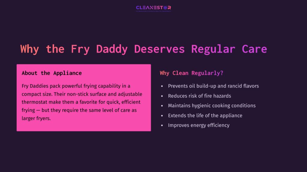 Text On A Dark Purple Background Highlights The Fry Daddy'S Features And Benefits, With A Vibrant Pink Box Detailing Appliance Care.