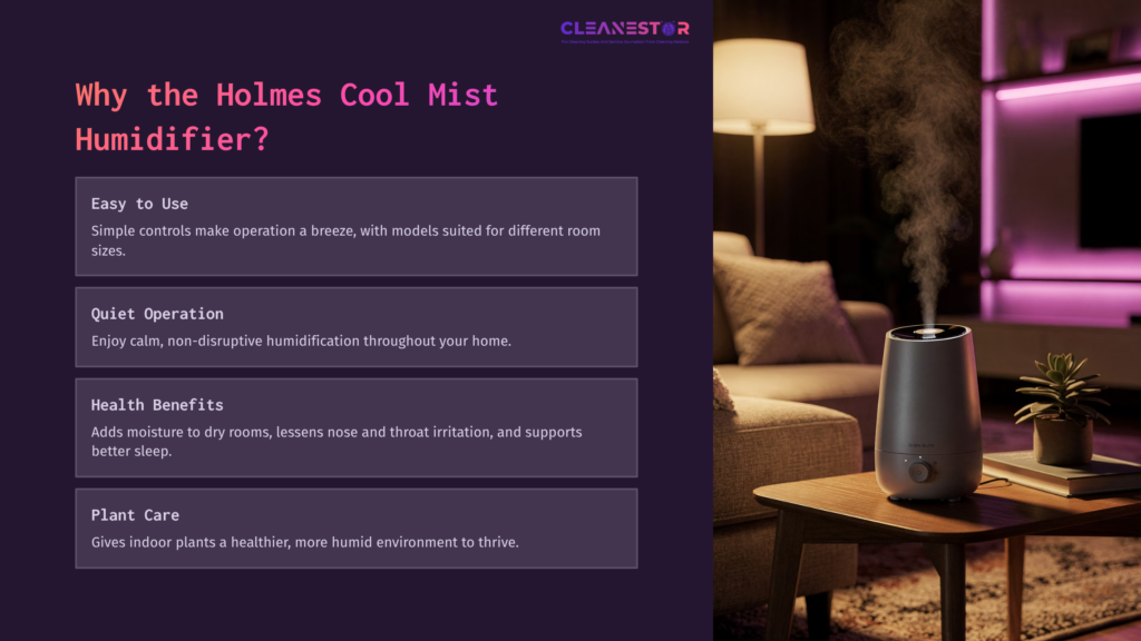 A Holmes Cool Mist Humidifier On A Side Table, With A Lamp And Purple Ambient Lighting, Alongside Text Highlighting Its Features And Benefits.