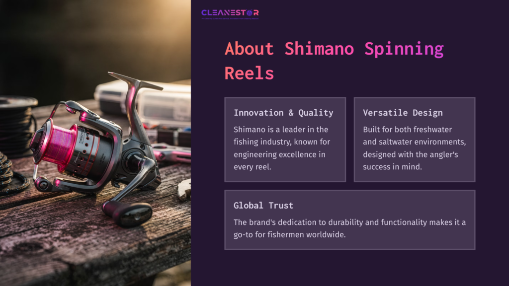 3 About Shimano Spinning Reels Shimano Spinning Reel On A Wooden Surface With Fishing Line And Tools, Showcasing A Sleek Silver And Pink Design Against A Dark Background.