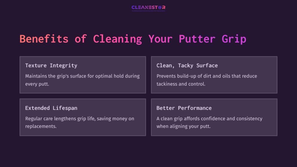 Four Benefits Of Cleaning A Putter Grip, Displayed In A Grid Layout With Bold Headers, White Text On A Dark Purple Background.