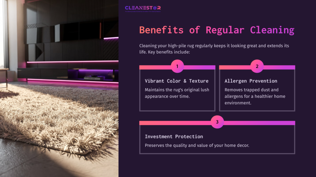 A Well-Lit Room Featuring A High-Pile Rug With Vibrant Colors, Text Highlighting Cleaning Benefits, And Modern Decor Elements.